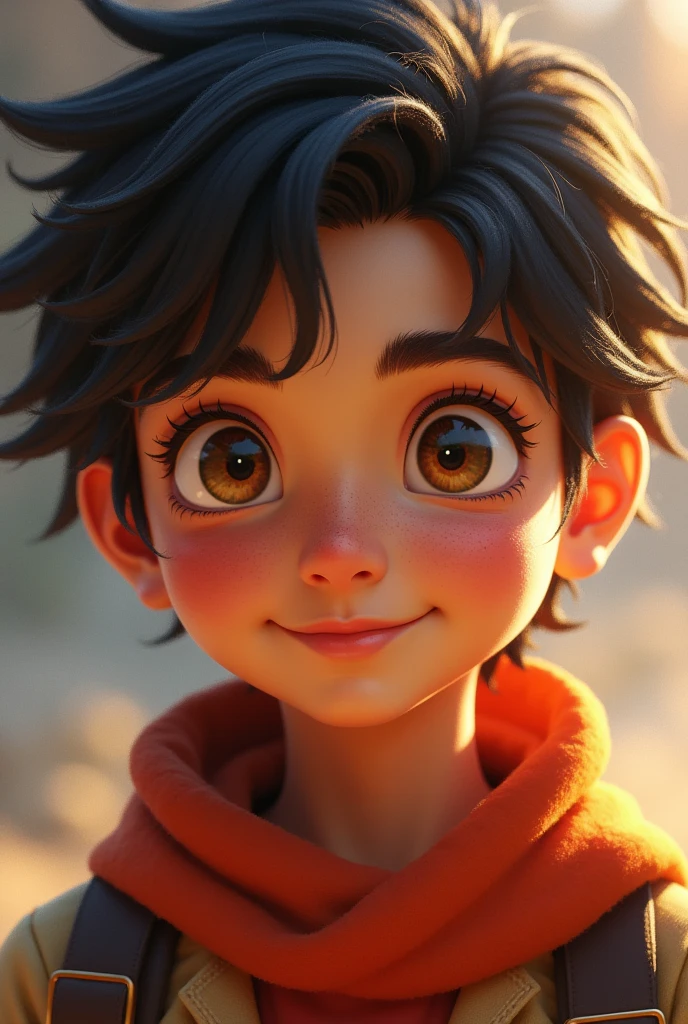 Close up, 15 year old boy with shoulder length black hair and brown eyes wearing blue hoodie ,3d render
