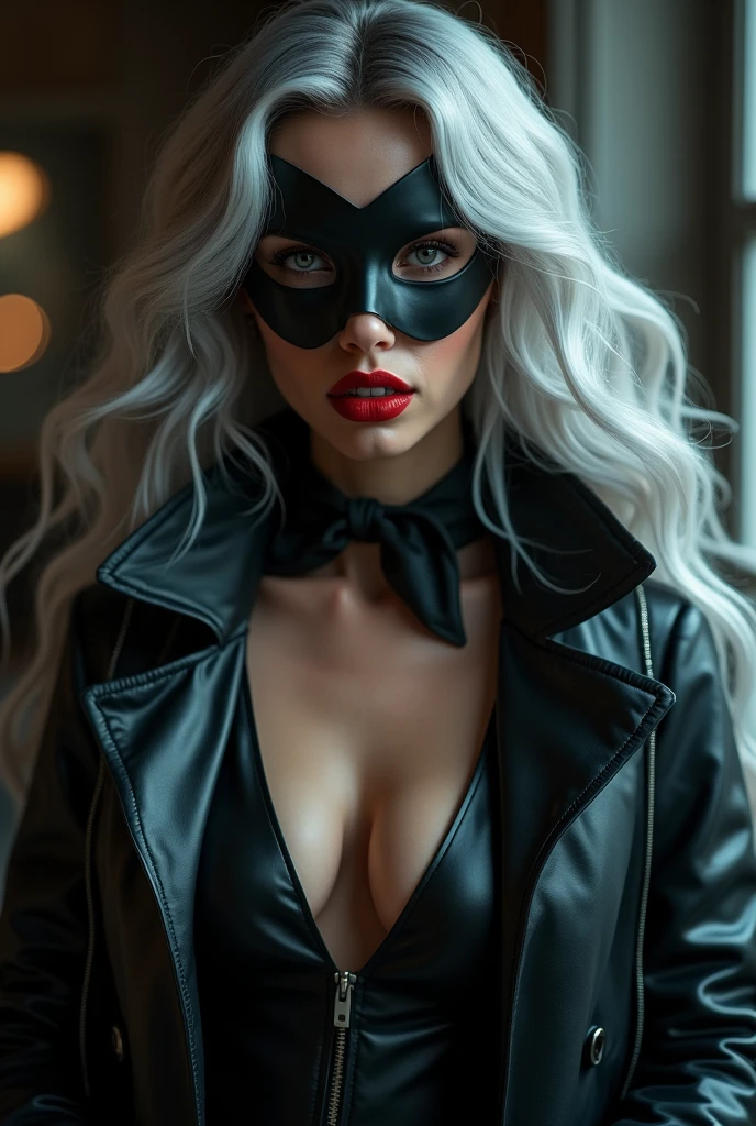 (masterpiece), realistic, HDR, highly detailed, 8k, raw photo,
occlusion of the environment, natural composition, harmonious, warm tones, art photography, Professional photography of Felicia "Black Cat" female Marvel character Sexy, white hair, wearing mask of the costume "Black Cat", in dynamic and sensual pose under the moonlight. Wearing a black latex costume with white fur. Warm body, detailed face, realistic, highly detailed, large breasts, glowing skin