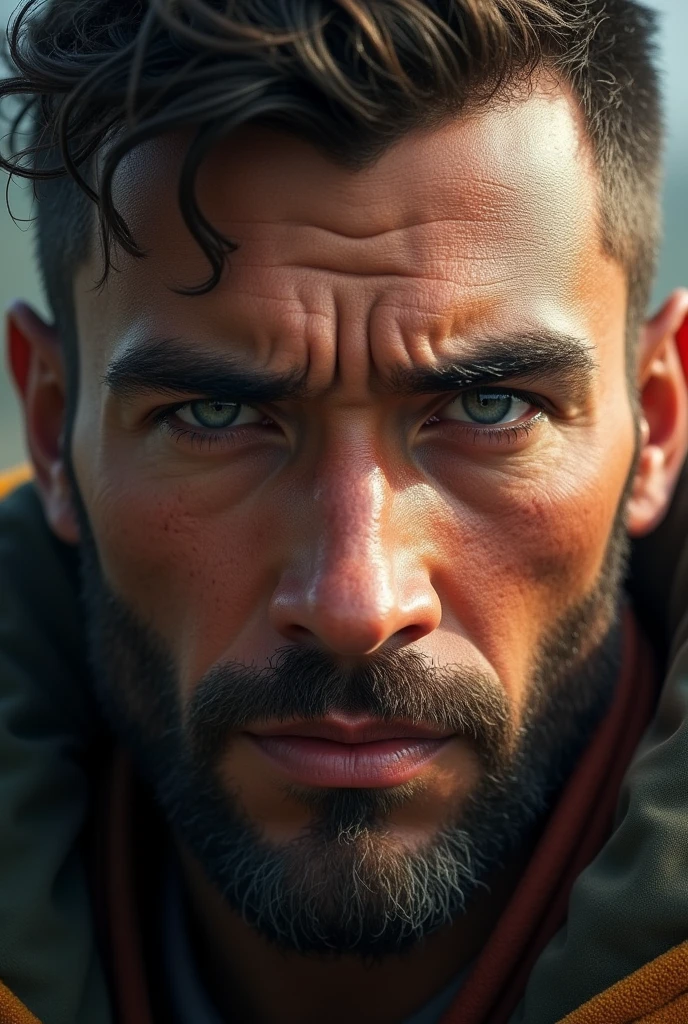 (photorealism:1.2) Homme Brun, yeux gris, 22 ans, cicatrice à l'œil gauche