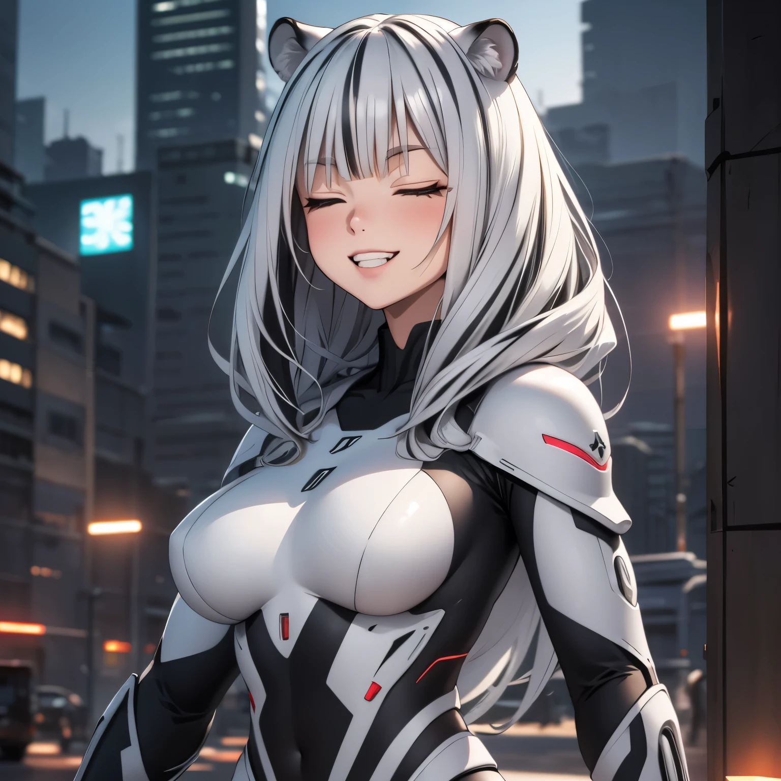 Atlas Fayon woman 40 years old, white hair with black stripes ,white tiger ears, Eyes closed, mujer ciega con Eyes closed, big smile showing teeth, ,futuristic tight suit, military suit, 4k, high quality, futuristic city background. neon lights.