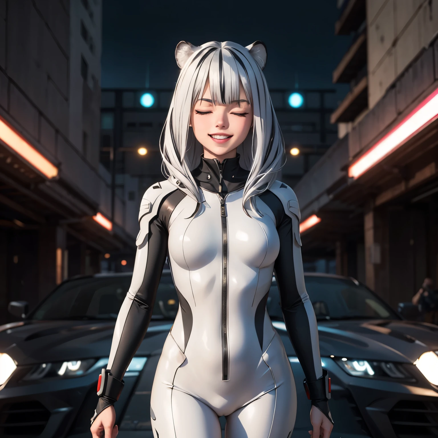 Atlas Fayon woman 40 years old, white hair with black stripes ,white tiger ears, Eyes closed, mujer ciega con Eyes closed, big smile showing teeth, ,futuristic tight suit, military suit, 4k, high quality, futuristic city background. neon lights.