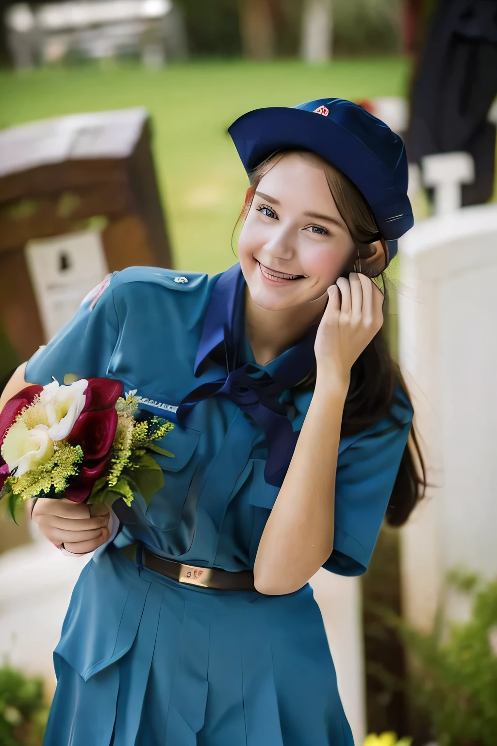 Young beautiful girl, Emma Myers, American, SOFT SMILING FACE, HAVE A BROWN HAIR, wears an old work cap, 19th century, poverty-stricken clothes, old torn clothes, 19th century period clothing, holding a bouquet, standing before her grandparents' tombstones, cemetery background, dark cities background, night time, midnight background.