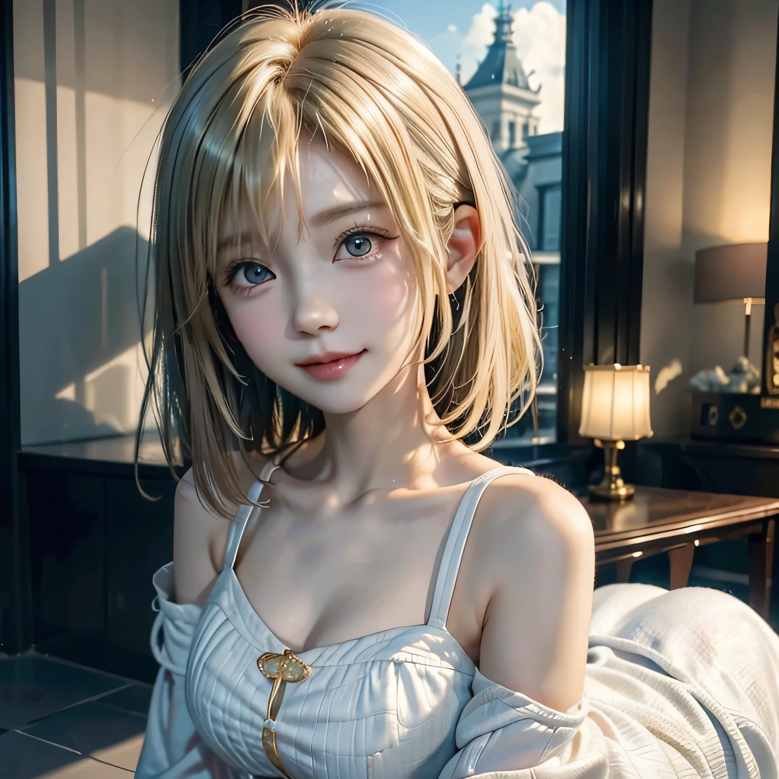 extremely detailed 8K wallpaper, 1girl, smile, ahoge, hime cut, silver hair	,realistic photo, a realistic photo,(photo realistic:1.1), best quality, masterpiece, ultra high res, (8k, RAW photo:1.2)