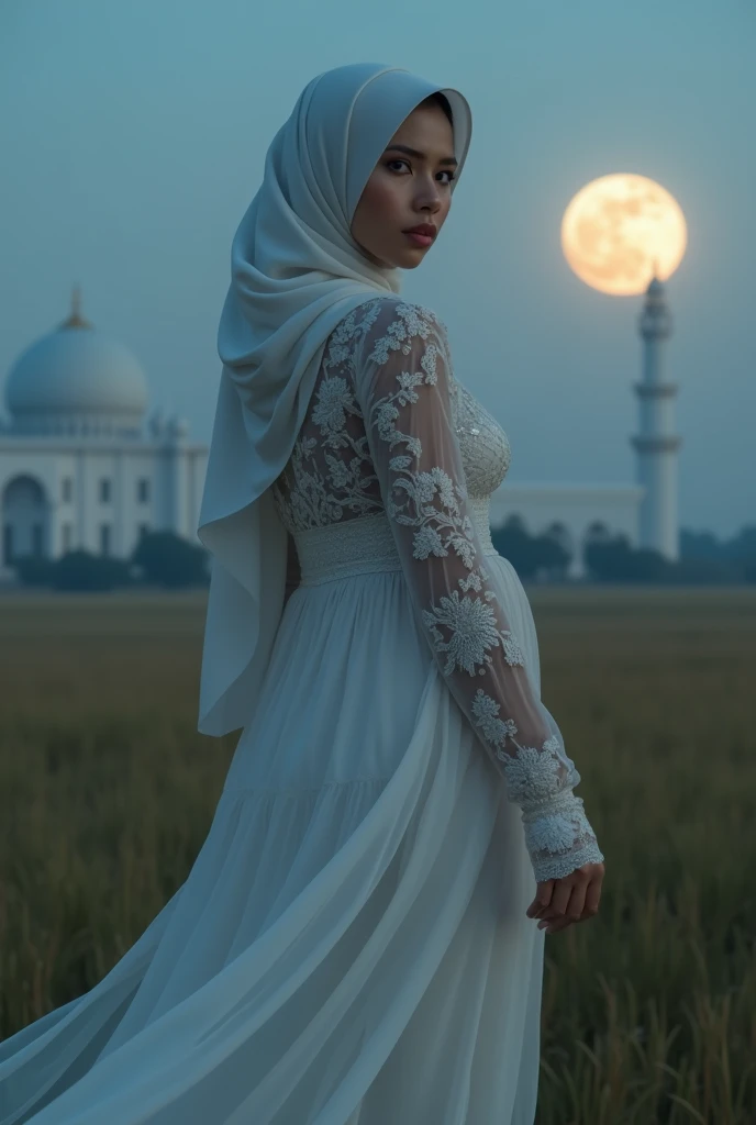 a goddess in a white outstanding gown with shawl and hijab, under the glass moon, epic scene of the night, detailed detail, real skin texture,