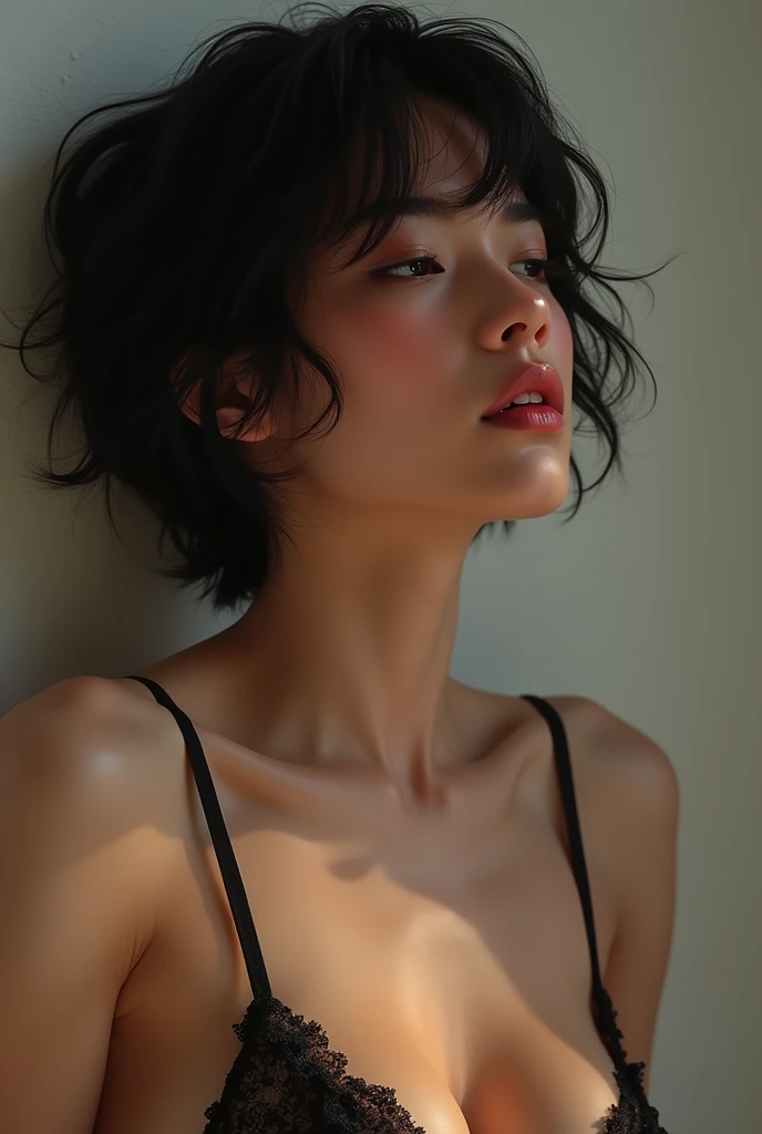 editorial photography,Super detailed background,Surreal,double exposure,Depth of Field,beauty super slender Skinny Korean vibes,soft focus black,narrative scene,Skinny,Super short straight black hairstyle,knee portrait,Lilac eyes,Iris flower,pupil,Lean on stylish room scandinavian wallpaper,wabi-sabi,latex cat suit,mole,open lips,from behind,