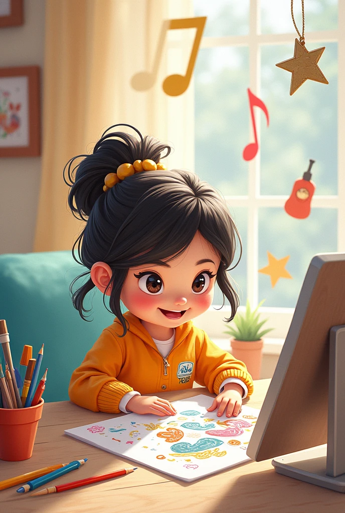 Cartoon girl with headphone sited near the desk