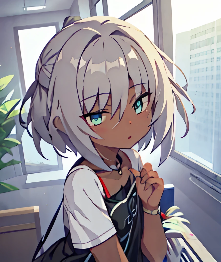 1 person、Short Hair、Straight Hair、About the height of a middle school student、、cute、White T-shirt、Black shorts、Gray Hair、Green Eyes、Shota、chest（0.5)、Brown Skin、Dark Skin