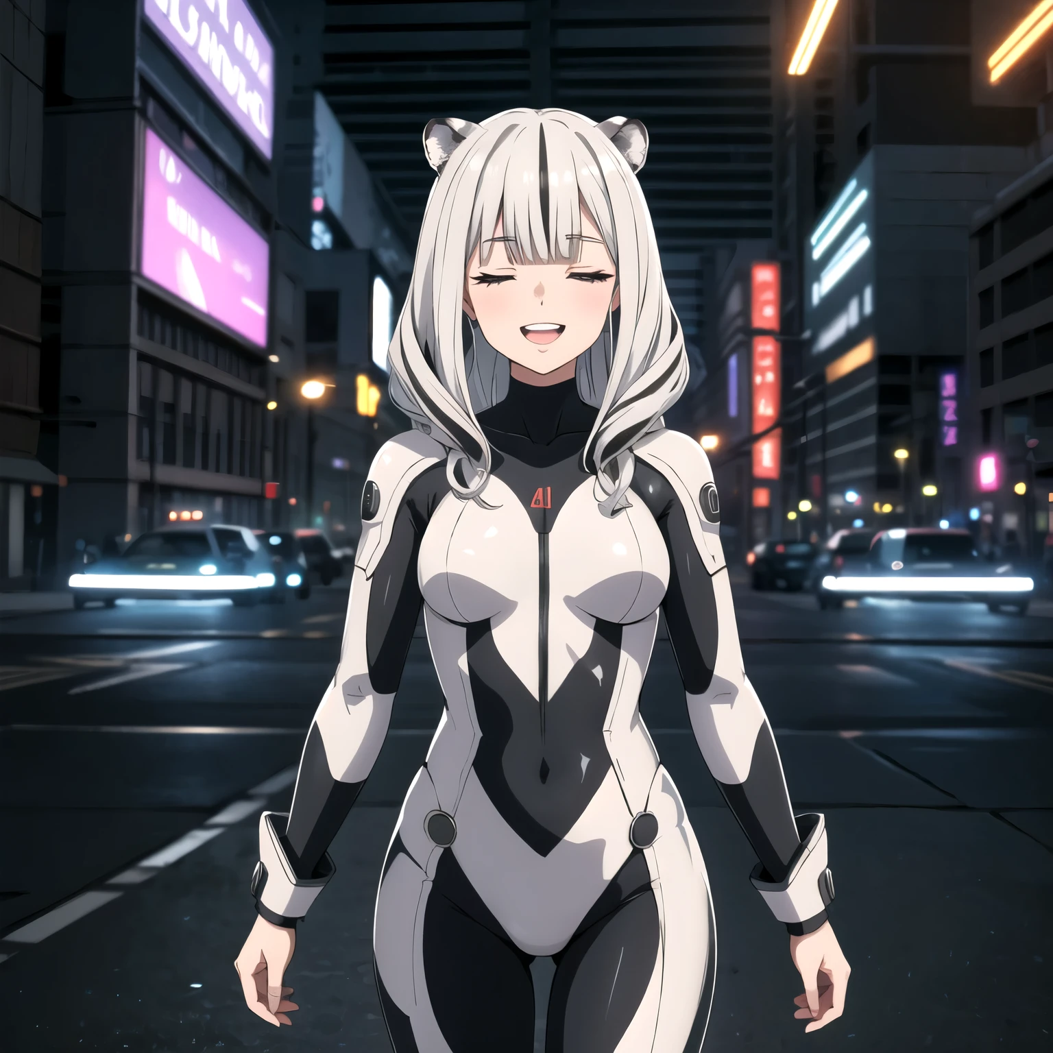 Atlas Fayon woman 40 years old, white hair with black stripes ,white tiger ears, Eyes closed, mujer ciega con Eyes closed, big smile showing teeth, ,futuristic tight suit, military suit, 4k, high quality, futuristic city background. neon lights.