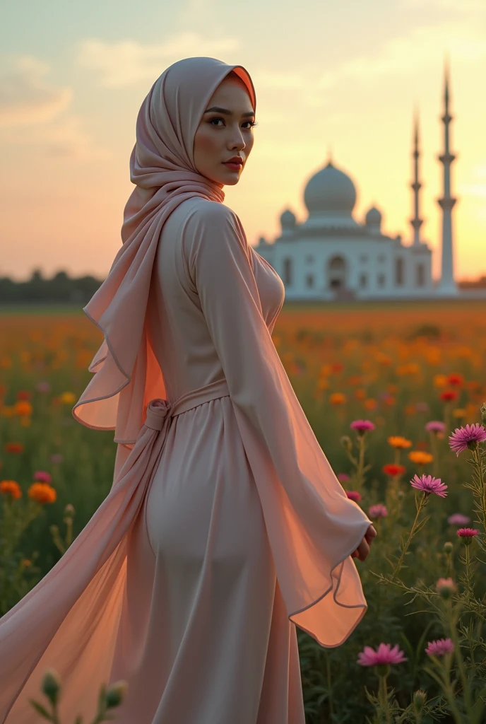 surreal fantasy photo:1.4, (vibrant:1.2), (whimsical:1.2), (dreamlike:1.2), high saturation, bright colors, ethereal lighting, dynamic movement, wide-angle, imaginative, otherworldly, colorful flora, flowing fabric, 24mm lens, f/4, fantastical, enchanting, a hijab woman in black, in a flowing red dress in a vibrant, fantasy-like environment