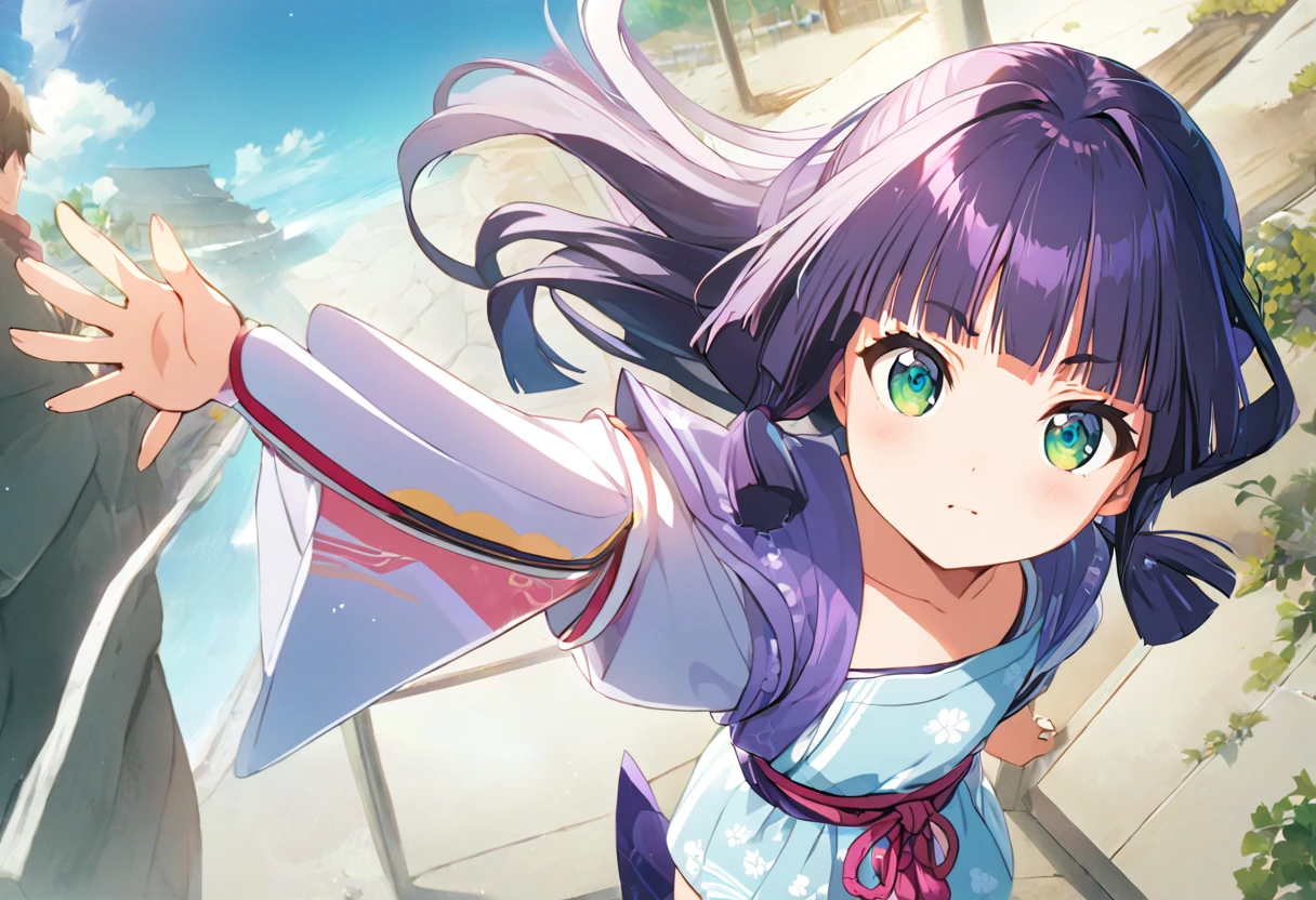 1 girl,1 boy, (手を握って歩いている:1.5), BREAK whole body, standing, baby face, purple heir, medium hair, smooth hair, bob hair, green eyes, Anime girl waving, White blouse, Pink ribbon, Loose-fitting blue-purple long arm covers, Navy blue hot pants with a slit in the front, Soft anime illustration, Smooth anime CG art, Virtual YouTuber Model, Cute realistic portrait, Cute girl anime visuals, Anime Style, BREAK boy is tokiyuki,
