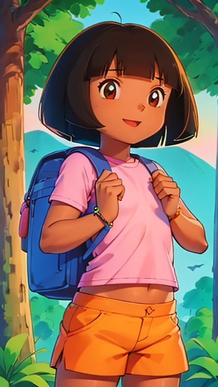 (1girl, solo, highly insanely detailed, masterpiece, top quality, best quality, highres, 4k, 8k, RAW photo),((innocent look)),((Childish)),From the front, symmetrical composition,smile,cute,Innocent,Kind eyes,Flat chest, upper body, (pokemonstyle), (digital art), forest, solo, dora,  brown eyes, dark-skinned female, (tan), bob cut, pink shirt, orange shorts, bracelet, backpack,