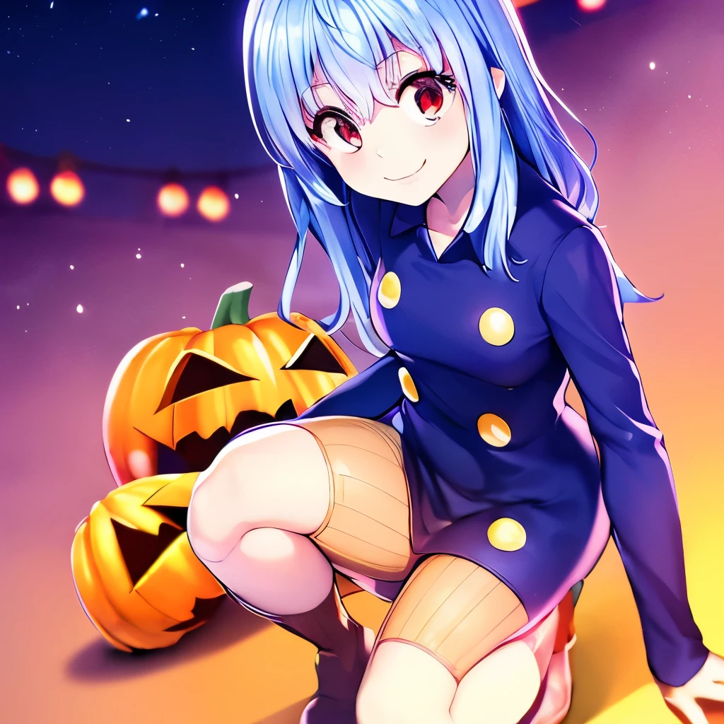 High quality, shiny red eyes, Halloween, one girl, smiling, great smile, Vito from HUNTER HUNTER, Vito from the anime Hunter Hunter, wearing Halloween costume, kind smile, closed mouth smile, one girl, Halloween costume, Halloween festival, five fingers, hand on knee, Close-mouthed smile, Slightly mature, With bangs, Blue eyes, Shining eyes.