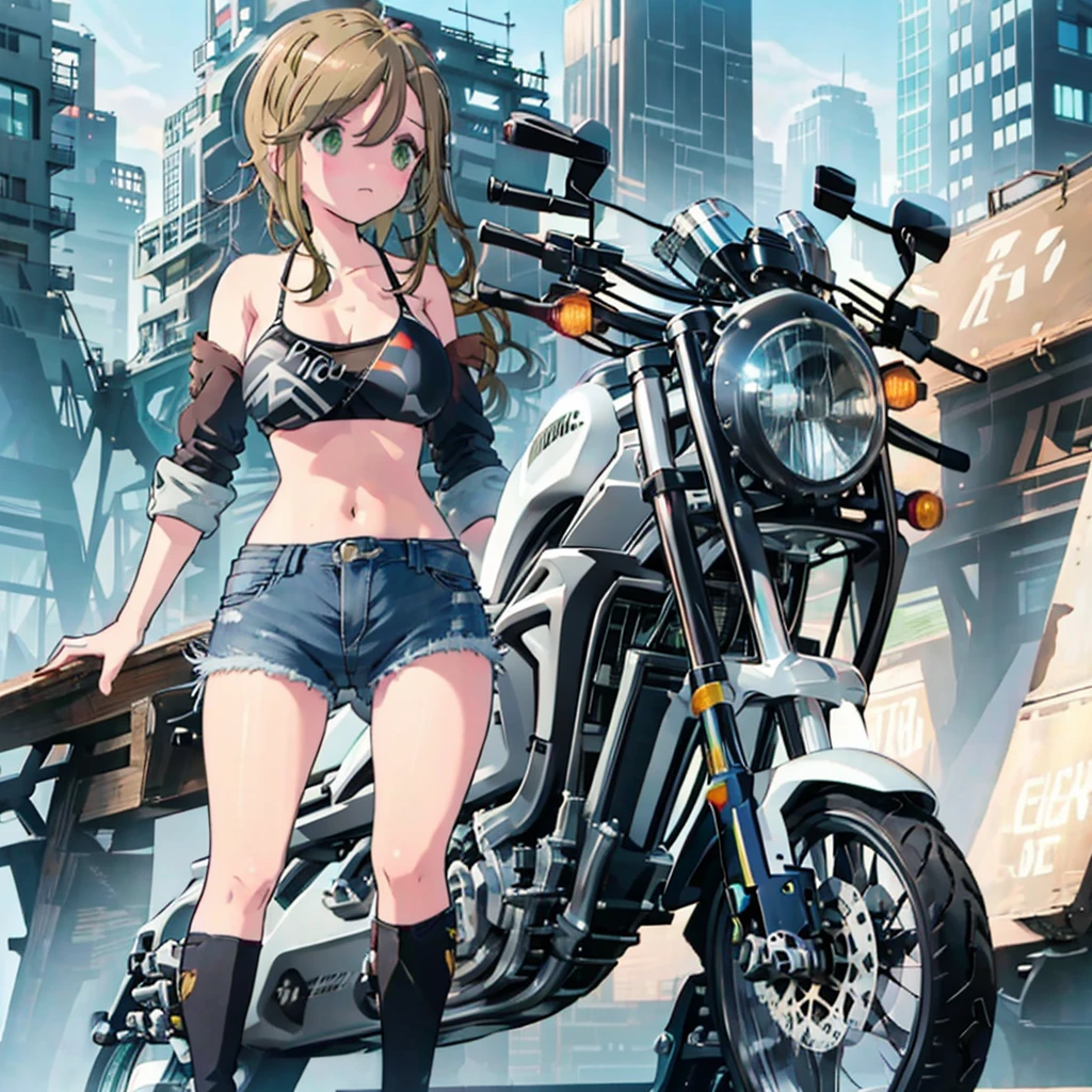 masterpiece,One girl,8k,Building city background,The perfect motorcycle,Astride a motorcycle,Riding a motorcycle,Scrambler style motorcycle,Metallic black motorcycle,blush,Light brown hair,Semi-long hair,Light green eyes,topless, (Denim shorts black bikini:1.3),sideboob,Big Breasts,Cleavage,Erect nipples,Denim shorts,Facing forward,NSFW