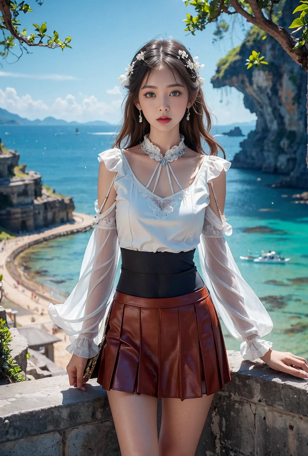 black, white, blue, red, (best quality, extremely detailed, high resolution, extremely detailed CG), wide shot, standing at the edge of a cliff, she has very beautiful blue eyes, she loves blood and the sea, wearing a thin puffy half-sleeve blouse and a loose pleated skirt, mysterious, surreal, hazy