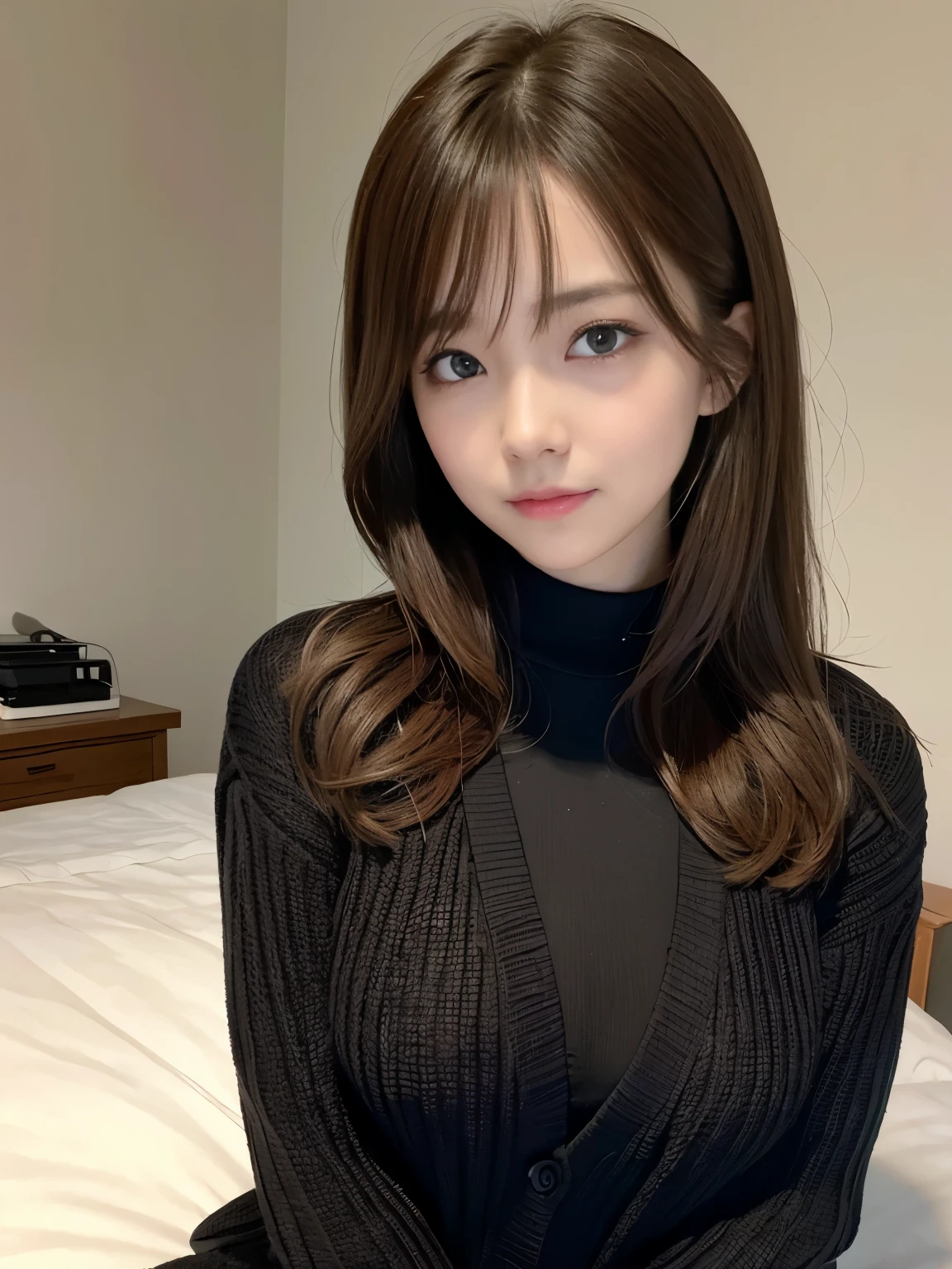 masterpiece, best quality, ultra-detailed, intricately detailed hyperdetailed, realistic, sharp features, highly detailed, sharp focus, (19 years old:1.3), Japanese Idol, perfect face, perfect symmetrically eyes, perfect full lips, hyper detailed, hyper realistic, high resolution, Fashion Model, Slender, Stylish, Realistic, Photorealistic:1.3, Beautiful Face, light brown hair, messy hair, asymmetrical bangs, pov, Neat clothes, (Black tops:1.2), bedroom,