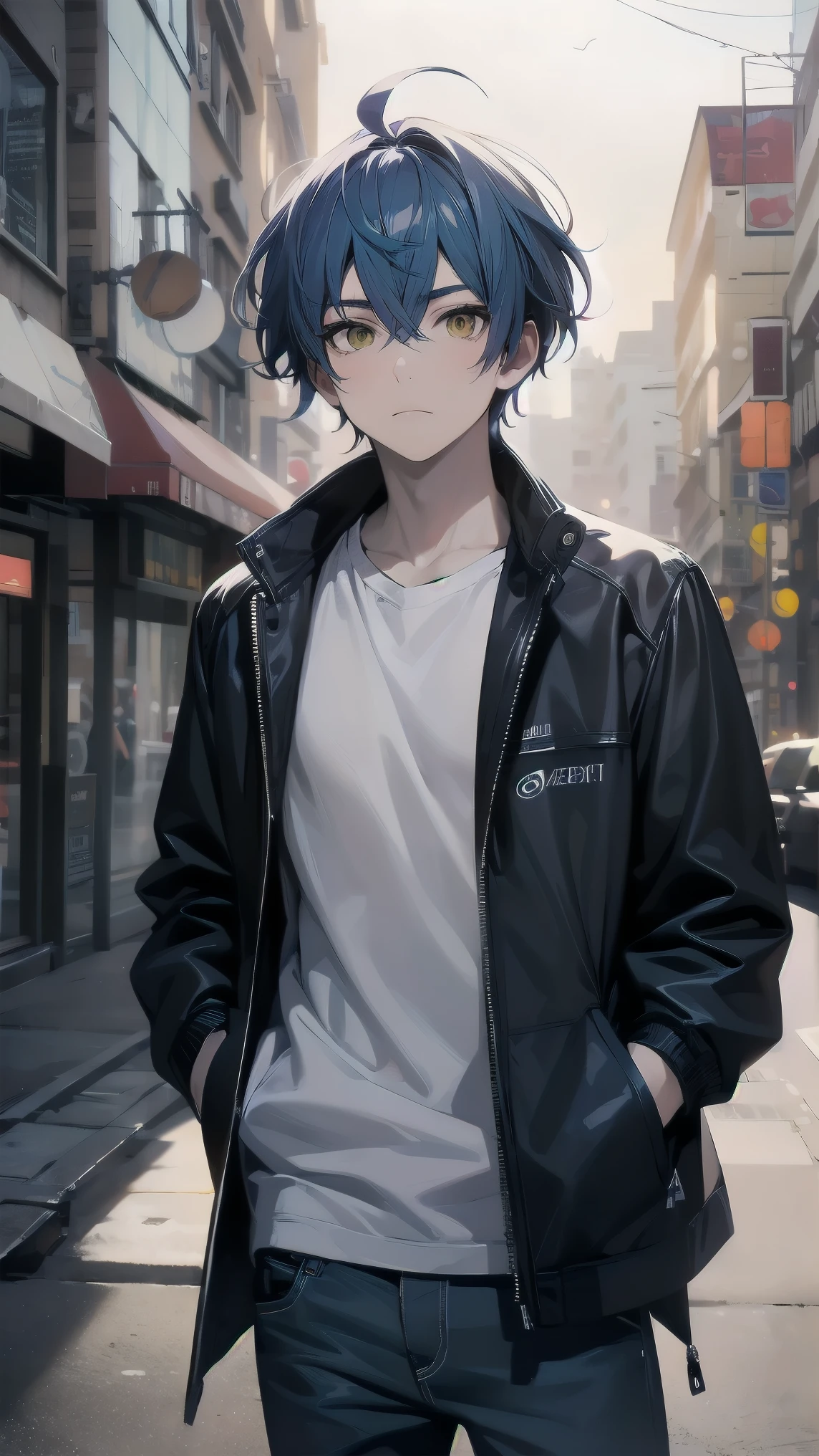 (masterpiece), best quality, hair between eyes, (((1boy))), , solo, blue hair, messy hair, ahoge BREAK standing, (yellow eyes) BREAK (pale skin:1.2) BREAK bored face, glaring, :/, looking at viewer, Buildings, city, outdoors, jacket, open jacket, purple shirt BREAK denim pants,
