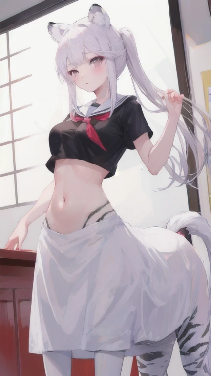 Naked girl, pumped body, a slim body, deep skin, silver hair, cat ears, two bell clips, purple eyes, angry face, fluffy silver tail, open school shirt, nude , blue wide skirt, black leggings, white sneakers, school class, near the blackboard, woman, solo