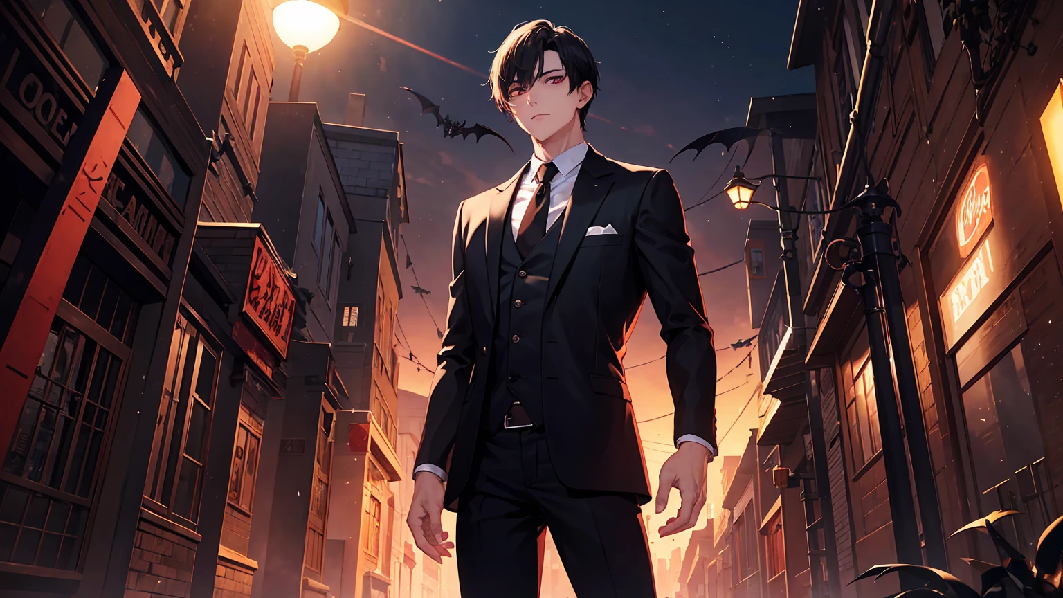 A man dressed up with a suit and in a dark room, in the style of yuumei, manticore, kris knight, red, master of ink, posuka demizu, caffenol developing --s 180 --ar 9:16 --q 5  --niji 5