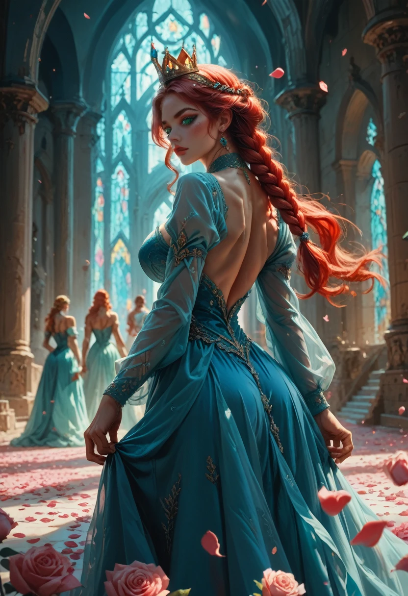      group queens princesses green eyes long red hair braided pink makeup transparent blue dress crystal crown. body ornaments bodies Athletic thin very large breasts large buttocks coming out of a castle multicoloured rose petals 