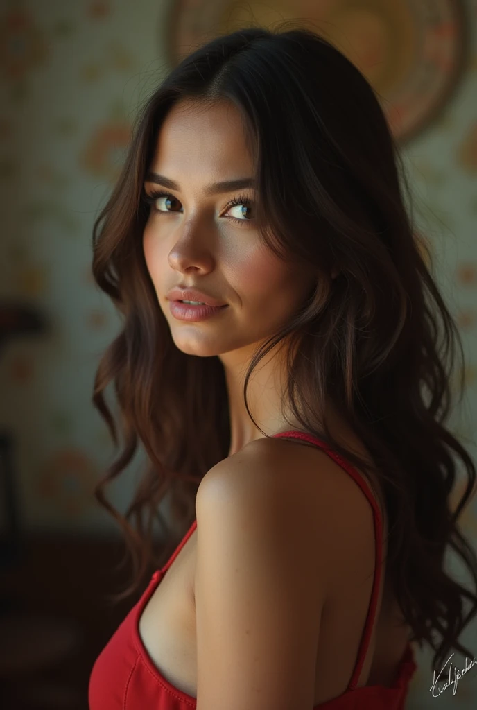 visage, long_cheveux, wavy hair, brown hair, magnifique, Fille de la ville, clivage, occidental, lingerie rouge, fille chaude, sitting on the sofa   (Masterpiece), Best quality, High resolution, Extremely detailed, Interior background, profondeur de champ, lighting cinematic,