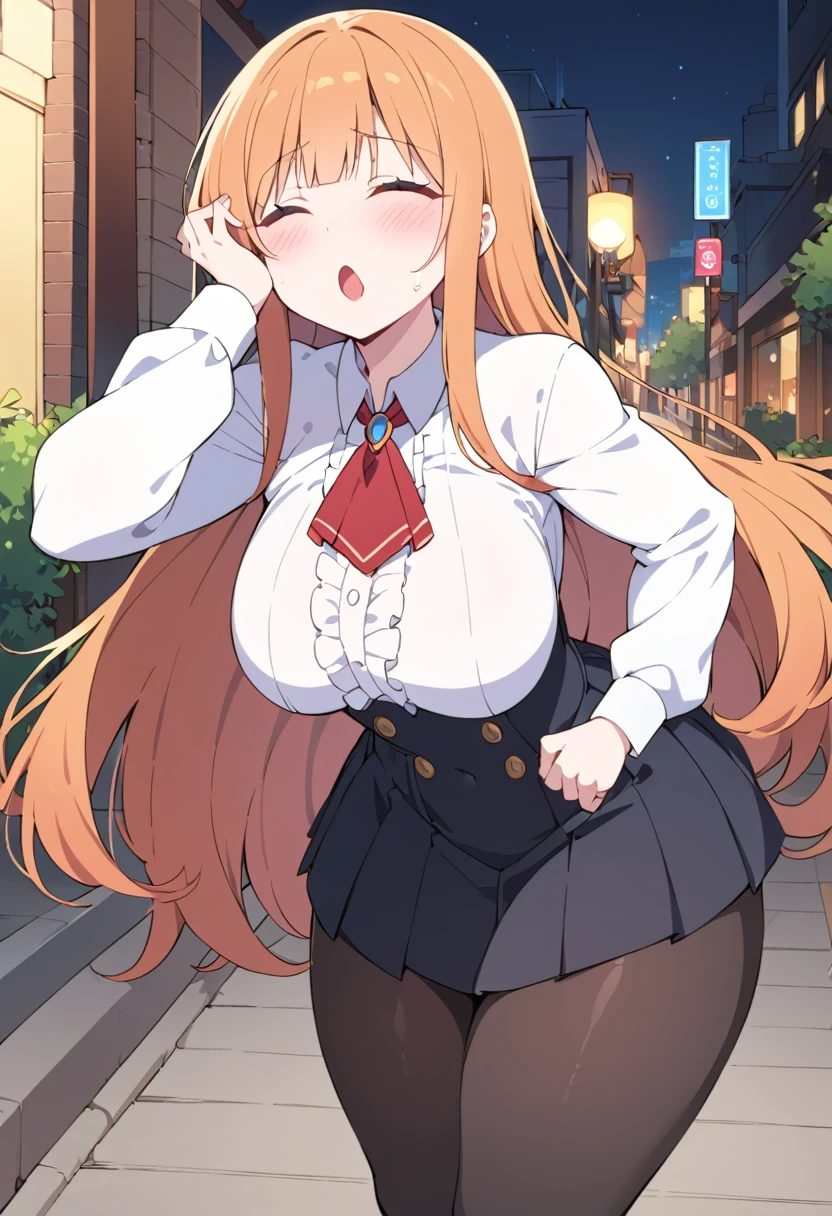 ((best quality)), ((masterpiece)), (detailed), (perfect anatomy), (exquisite clothing); 1girl, solo, sidewalk, night time, leaning forward; Perfect face, orange hair, very long hair, fanged bangs, sidelocks, blushing, red eyes, bright pupils, closed eyes, yawning; Tall, mature, (bulky:1.2), deltoids, trapezius, medium breasts, thick arms, biceps, triceps, covered navel, abs, wide hips, thick thighs, glutes, quads, lats, hamstrings; (White dress shirt, center frills, long sleeves), red ascot, (underbust, black skirt, high-waist, pleated), black pantyhose.