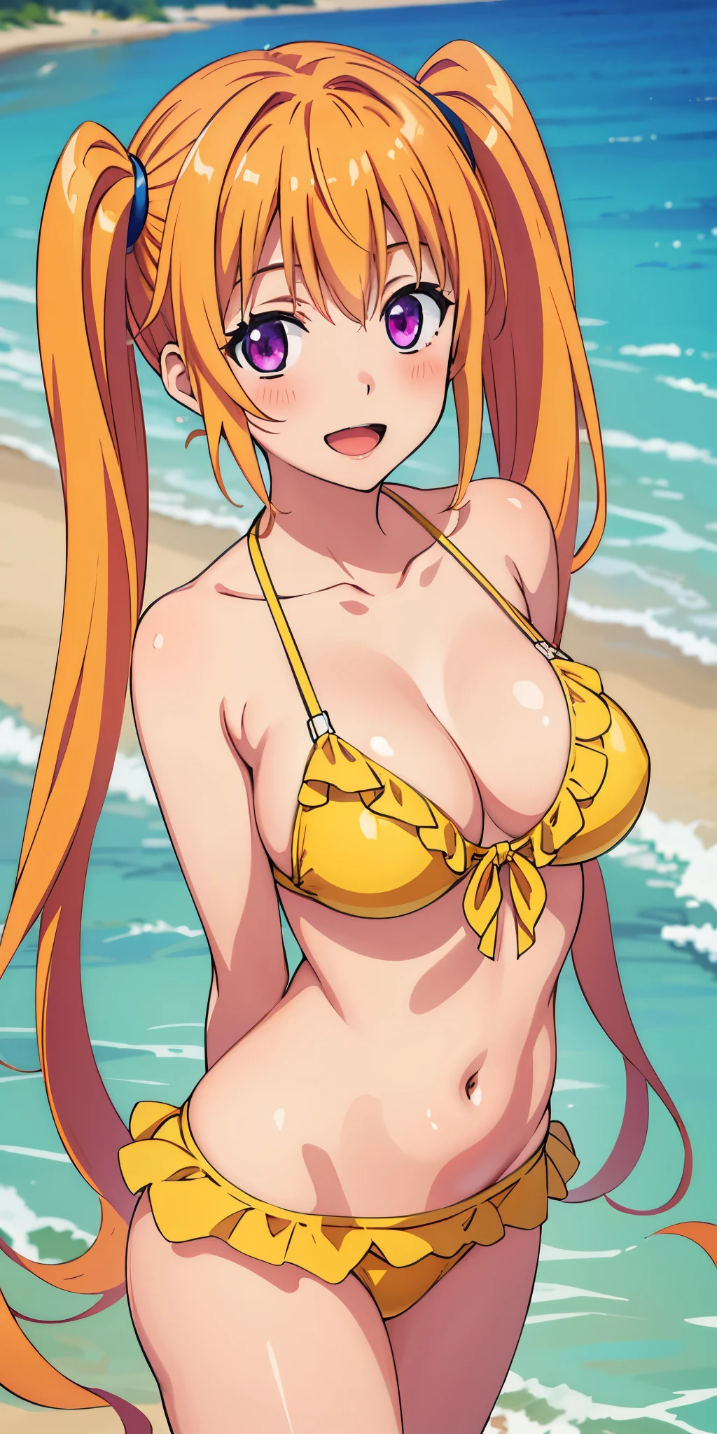 best quality, masterpiece, detailed, ShidouIrina, 1girl, open mouth, smile, blush, orange hair, long hair, twintails, purple eyes, yellow bikini, frilled bikini, looking at viewer, arms at sides, beach, water