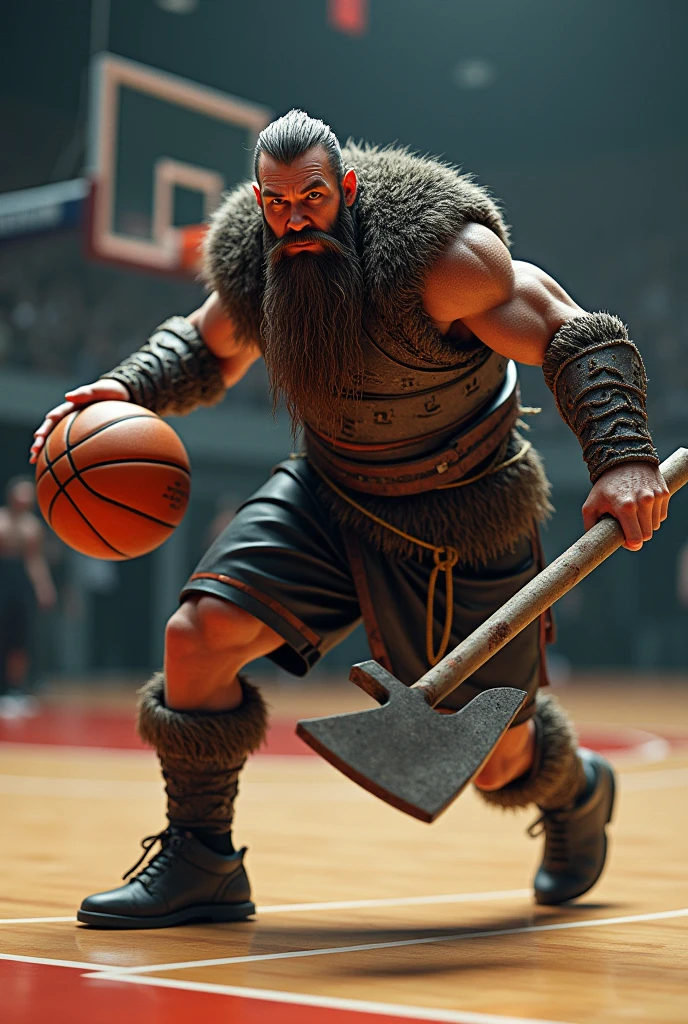 A Viking with a basketball in his hand with a smug look on his face