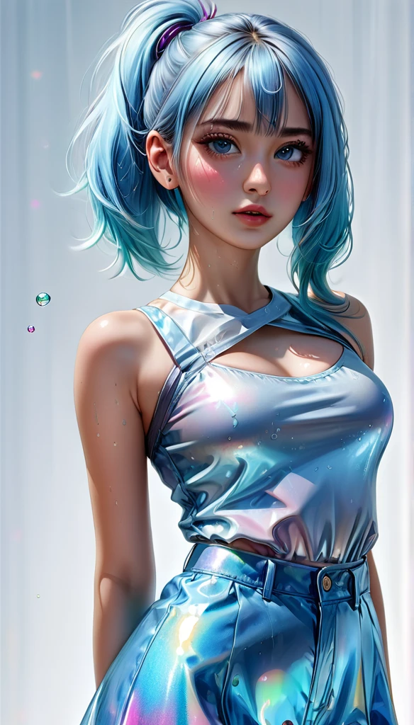 (masterpiece), (best quality), (ultra detailed),(disheveled hair),(illustration), (1girl), (Fashionable clothing), standing, Fashion model, looking at viewer, (interview), (simple background),beautiful detailed eyes, delicate beautiful face, Floating,(high saturation),(colorful splashes),colorful bubble,(shining), focus on face,  ponytail, kamisato ayaka, light blue hair, bangs, hair ring, floating flowers, floating hairs, (shining), best lighting, best shadow,