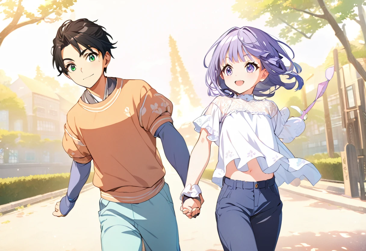 (A boy and girl are holding hands and running happily:1.5), BREAK whole body, standing, baby face, purple heir, medium hair, smooth hair, bob hair, green eyes, Anime girl waving, White blouse, Pink ribbon, Loose-fitting blue-purple long arm covers, Navy blue hot pants with a slit in the front, Soft anime illustration, Smooth anime CG art, Virtual YouTuber Model, Cute realistic portrait, Cute girl anime visuals, Anime Style, BREAK boy is tokiyuki,