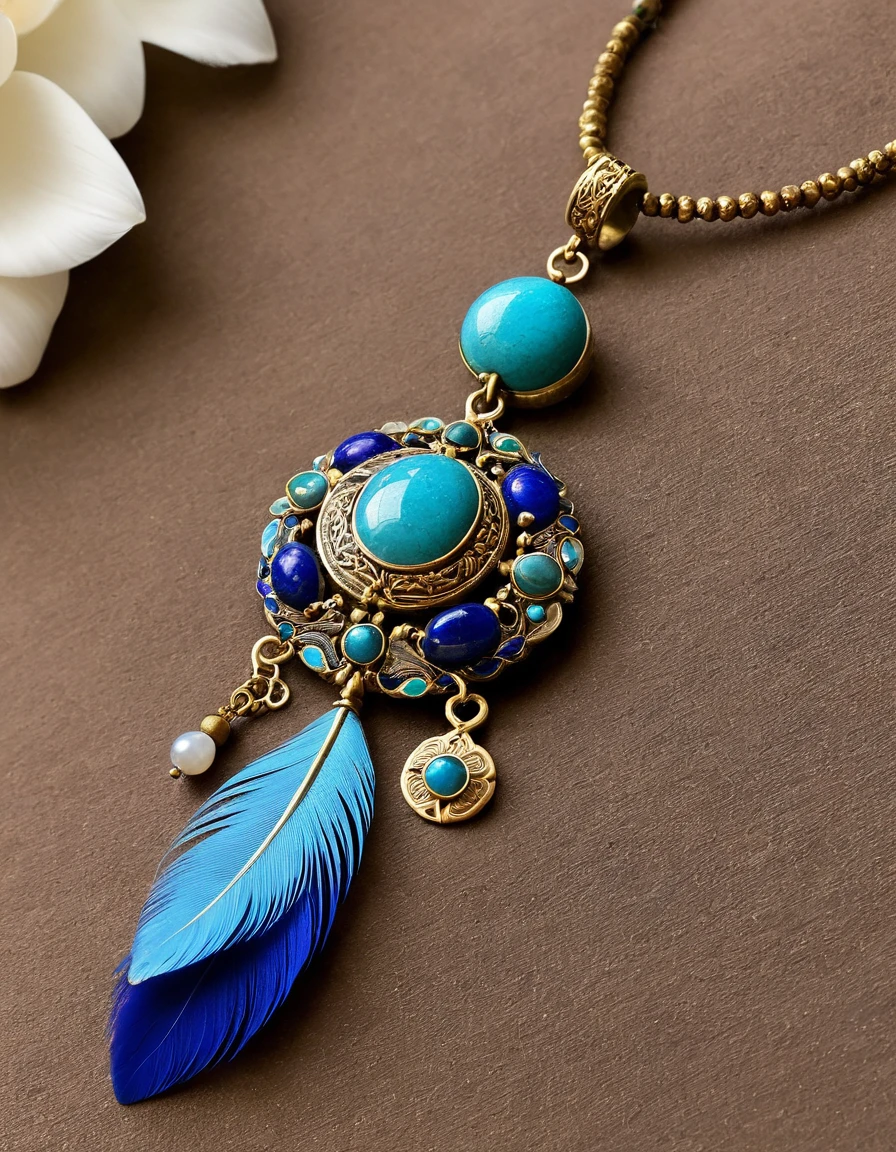 Feather球的蓝橘色欧泊石极简抽象的戒指设计，Indian elements，Matching stones are small amounts of lapis lazuli and turquoise，Clams，Feather，gem，old，Soft Light，Ming Dynasty style ，Cloisonné art，