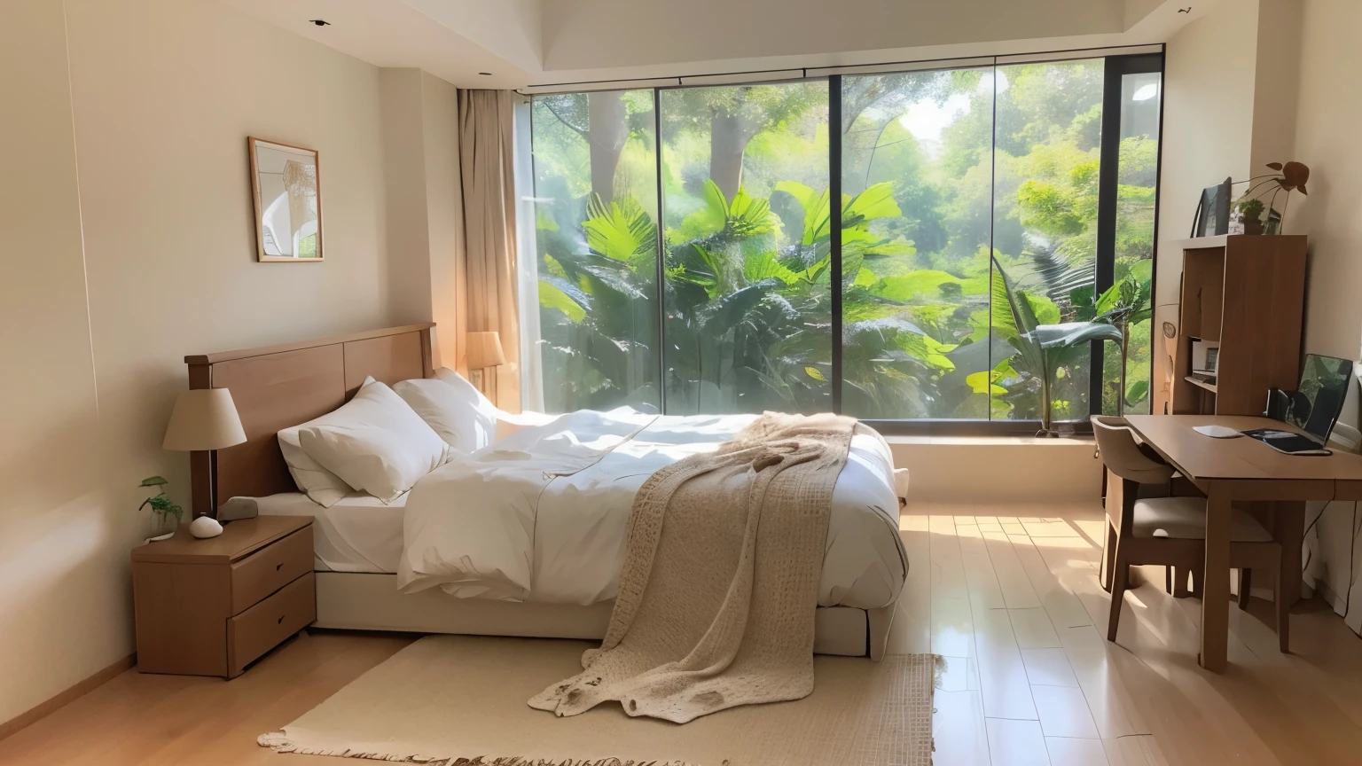 There is a bedroom with a desk and a bed，Simple style room，Atmosphere，Comfortable place，舒适的Atmosphere，In a cozy apartment，Elegantly decorated，Perfect minimalist composition，The lush green outdoors reflects the forest oxygen bar theme. There are floor-to-ceiling windows through which you can see the trees and forests. Simple style