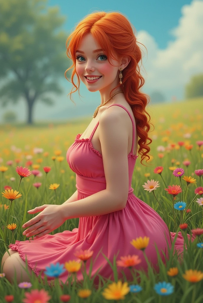 A curvy woman with big hips and small breasts, she is beautiful at 19 years old, with her long red hair and cheeks full of freckles and red.. Dressed in a white dress with pink tulip design.

animation 