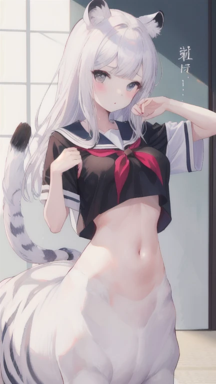(best quality, masterpiece), 1 girl, centaur, I beg, White skin, Japanese schoolgirl,daughter,black pink, exposing the abdomen, belly button t-shirt , beautiful girl perfect, White tiger photo, 완벽한 White tiger photo