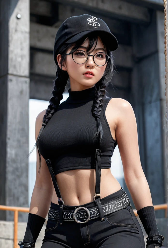 masterpiece, high quality cg, anime, illustration, best quality, 1girl, bound, bondage, beautiful face, detailed face, cowboy shot, dokkaebi, 1girl, solo, looking at viewer,  black hair, braid, glasses, black gloves, belt, pants, black eyes, twin braids, streaked hair, black headwear, bodysuit, black pants, round eyewear, black bodysuit, beanie, hair behind ear, 