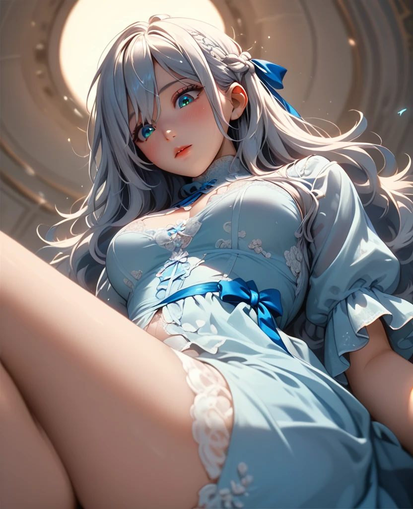 Girl Amano Sayo wearing,Relaxing her big ass, Long hair tied with a blue ribbon, Light blue dress, Delicate lace edge, No visible accessories, Supported by black fabric, Looking Down, Smooth skin, Indoor environment, Low lighting, There are heavy shadows behind and below, Peaceful and tranquil atmosphere, Low angle front view, Shallow depth of field, Balanced exposure, Sharp texture.