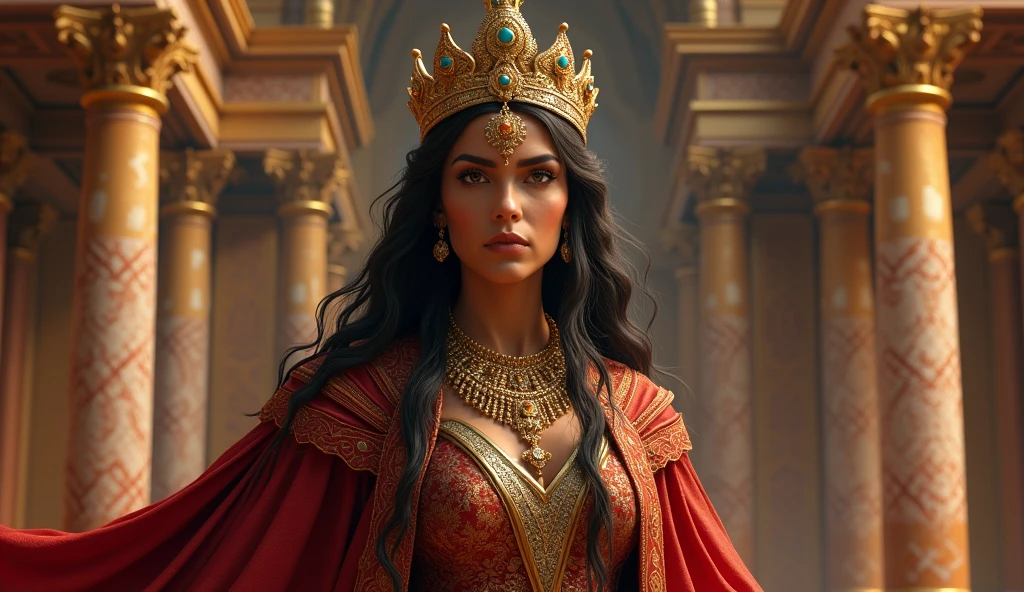 Create a realistic image of Queen Jezebel, as described in the Bible. The scene must portray her in her majesty, wearing luxurious clothes and rich adornments, with a confident and challenging look. The background should suggest a palatial setting of ancient Israel., with elements that refer to its influence and power, such as an elaborate throne and symbols of worship to pagan gods. The image must capture the complexity of the character: Your beauty, ambition and also the air of controversy that surrounds it.
