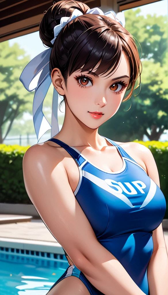 poolside,Competitive Swimsuit,score_9, score_8_up, score_7_up, break, score_9, 1girl, Chun-Li,street fighter, black hair, brown eyes, long hair, breasts, looking at viewer, sexy pose, cowboy shot,eyelashes