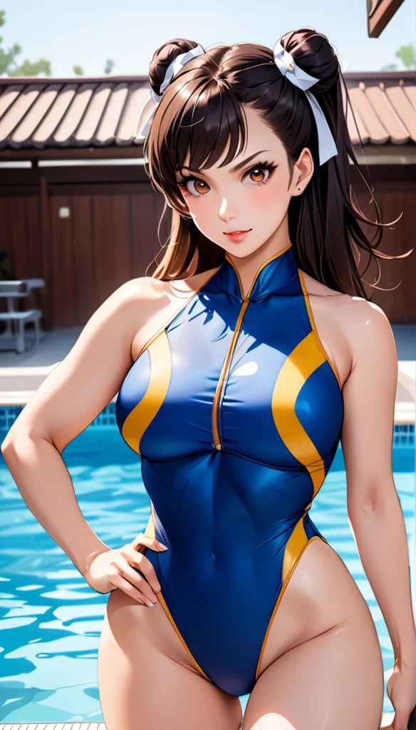 poolside,Competitive Swimsuit,score_9, score_8_up, score_7_up, break, score_9, 1girl, Chun-Li,street fighter, black hair, brown eyes, long hair, breasts, looking at viewer, sexy pose, cowboy shot,eyelashes