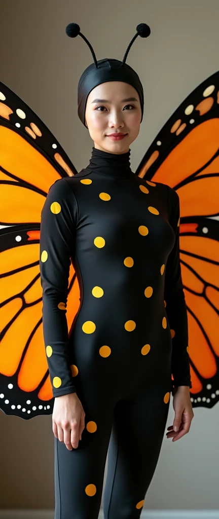The most beautiful,thin,most pretty and clever Malaysian muslimah adult girl wears black butterfly lycra turtleneck unitard catsuit covered with white polkadots with a pair of red butterfly wings.She always wear black butterfly lycra dancewear stretchy hijab covered with white polkadots with a pair of long antennae.
