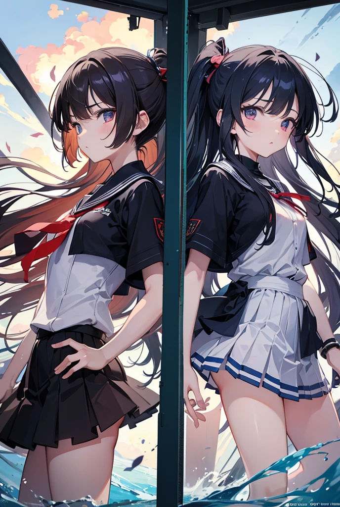 2 girls, strapped to ceiling, (tied wrists:1.4), (arms up), (inside basement, torture room, cryogenic cell, cryogenic cell), (open legs:1.5), (blushing:1.5), (((blushing, terrified, crying))), (wrist cuffs, ankle cuffs, wrists tied, ankles tied), arms to the sides, ((tight clothing, short sleeves, sailor uniform, miniskirt, shoeless)), perfect face, detailed face, detailed eyes, beautiful eyes, big breasts, long hair