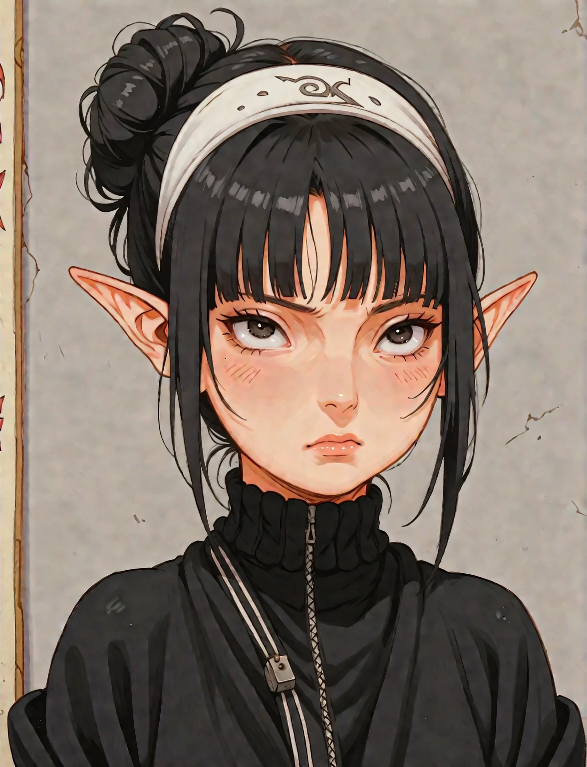 An anime character wearing short black and white hakamas, white obi with black and white seigaiha pattern, girl with elf ears, a beautiful young girl with long black hair tied up in one single bun centered on top of her head, white hairband with ribbons on both sides of her head, a lock of hair falling in front of the right side of her face, detailed anime art, 8k, high resolution, photorealistic, HDR, vivid colors, dramatic lighting
