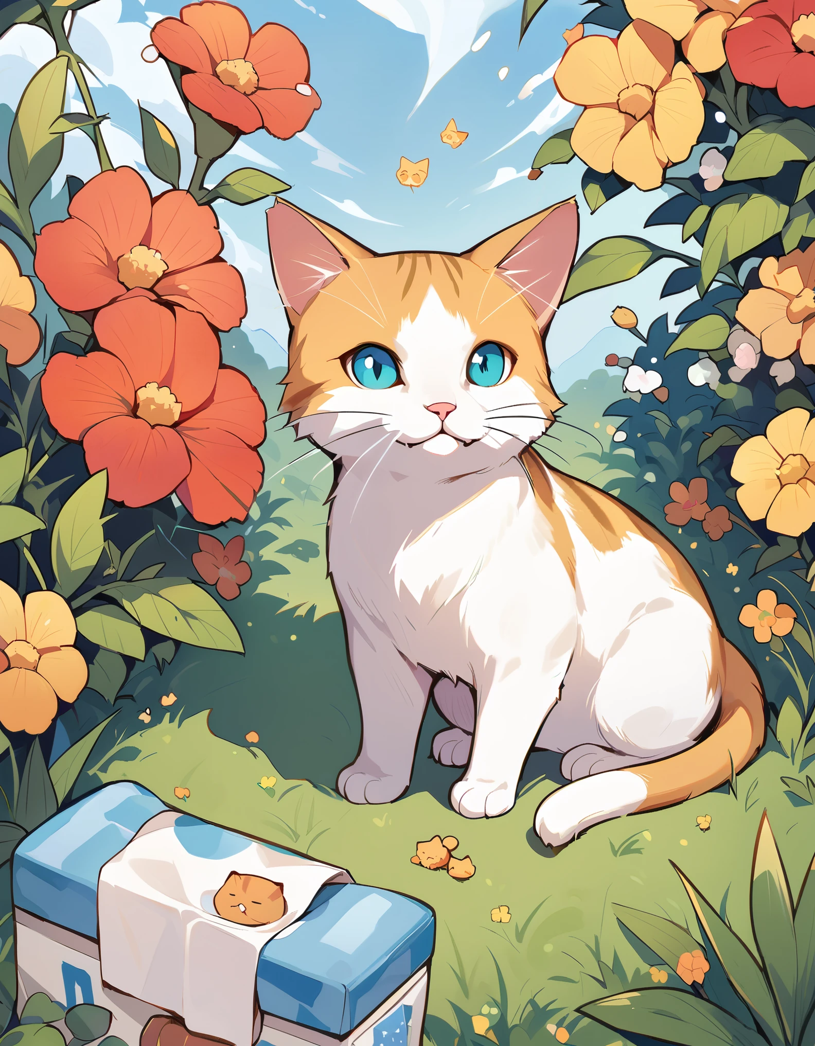 (Highest quality:1.2), (1cat、、Highest quality:1.2), Small Animals,A cat in the garden