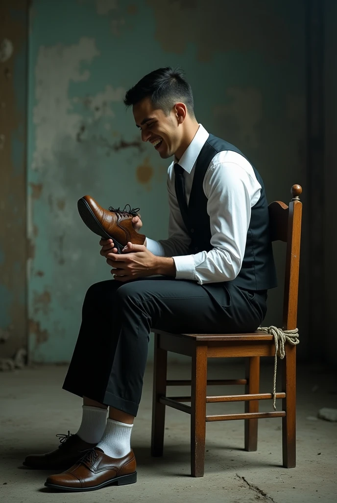 There is a the most handsome student from Malaysia named Haqiem hands,legs with red socks tied with ropes to the chair and eyes covered with cloth
The kiddnaper hold a feather Haqiem laughed uncontrollably because his soles being tickled using feather duster