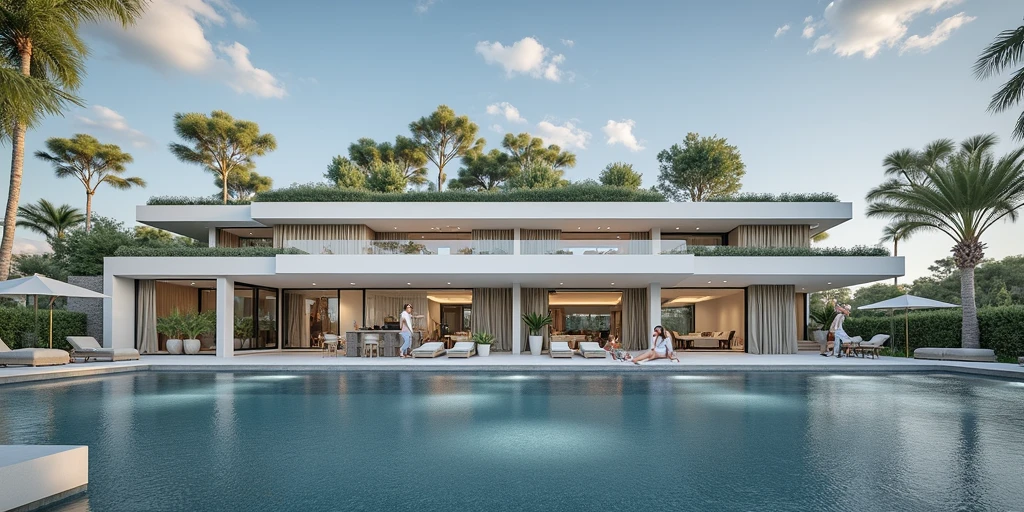 Create a picture of a luxurious modern villa with unique architecture, beautiful swimming pool, green landscape and happy family enjoying their vacation here,((no tall trees in front)), layout, glass railing, uniform layout, (architecture) clear), stack layout, clear layout, (realistic detailed lines), ((facade) House without furniture) , (no furniture arranged in front of the door), (no furniture arranged in front of the door), color scheme in modern architectural style,((creative)).1.5, large glass doors, (Warm Interior light: 1.2), modern material combination, neutral painted walls, creative, marble, best quality.