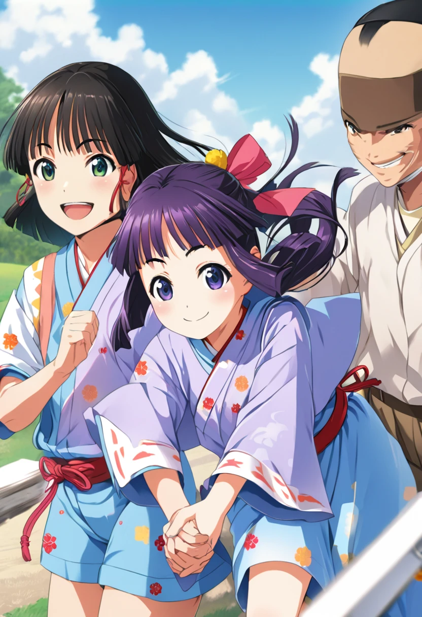 (A boy and girl are holding hands and running happily:1.5), break whole body, standing, baby face, purple heir, medium hair, smooth hair, bob hair, green eyes, Anime girl waving, White blouse, Pink ribbon, Loose-fitting blue-purple long arm covers, Navy blue hot pants with a slit in the front, Soft anime illustration, Smooth anime CG art, Virtual YouTuber Model, Cute realistic portrait, Cute girl anime visuals, Anime Style, break (tokiyuki, smile:1.9), 
