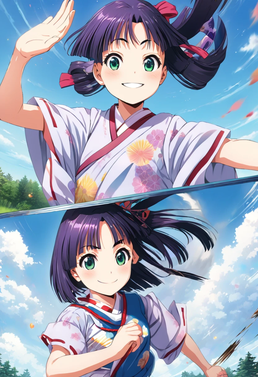 (A boy and girl are holding hands and running happily:1.5), break whole body, standing, baby face, purple heir, medium hair, smooth hair, bob hair, green eyes, Anime girl waving, White blouse, Pink ribbon, Loose-fitting blue-purple long arm covers, Navy blue hot pants with a slit in the front, Soft anime illustration, Smooth anime CG art, Virtual YouTuber Model, Cute realistic portrait, Cute girl anime visuals, Anime Style, break (tokiyuki, smile:1.9), 
