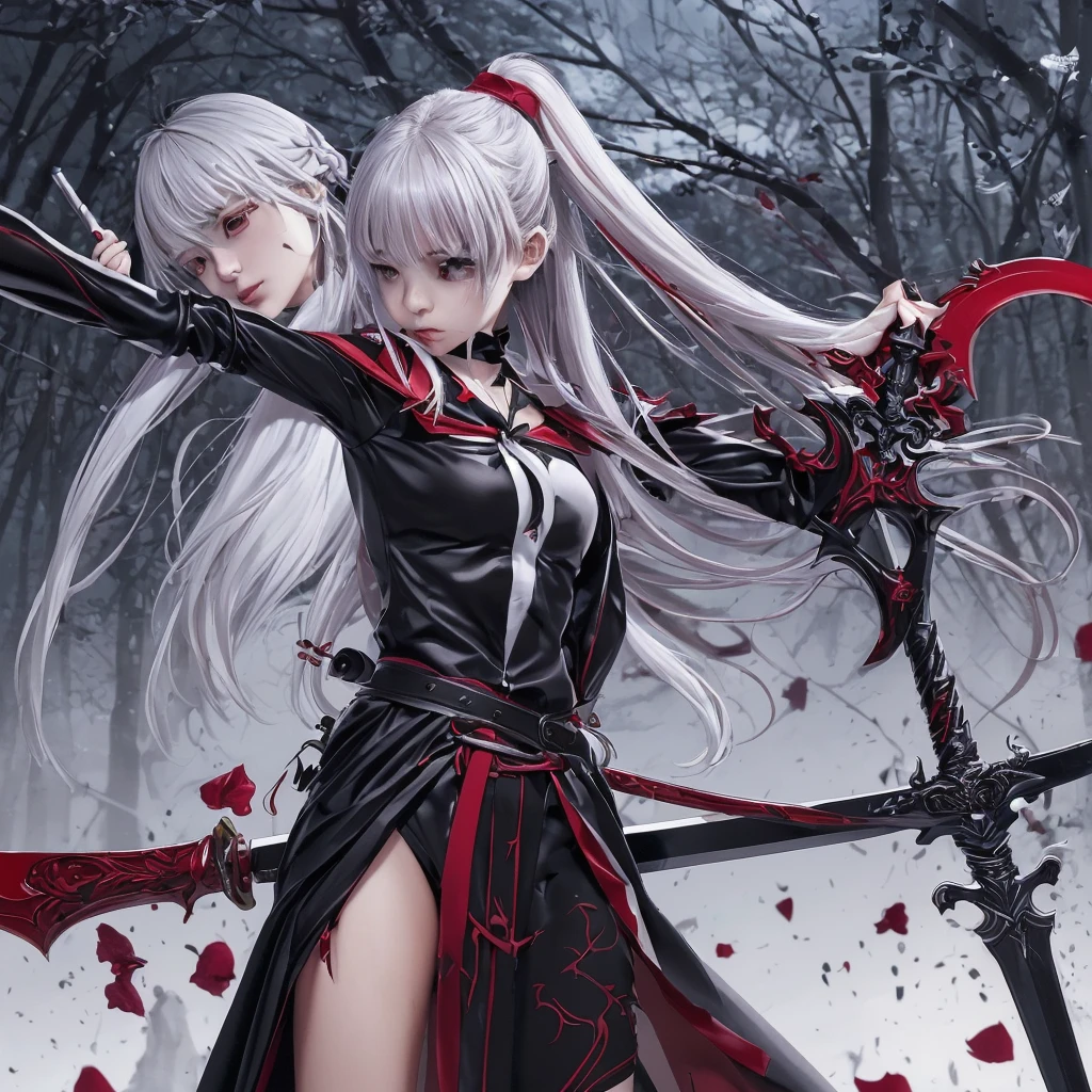 Cinematic lighting,super detailed skin、Beautiful detailed eyes、Best Quality,cyberpunked,(Alternative、dim colors, Soothing tones:1.3),NSFW(2 Beautiful Women、Detailed beautiful facial features、A dark-haired、silber hair:1.3)(Back exposure、Ripped clothes:1.5).(Possession of modified Japan swords、Looks Back:1.8)（Perspective from behind、Bottom View、upper body:1.8）（Predawn sky、Destroyed Kyoto shrines⛩、Fantasy Moon:1.5)