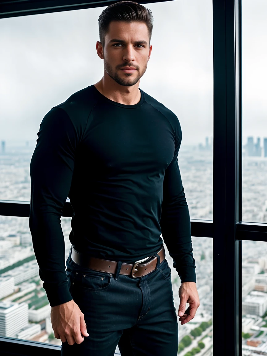 1man, A full body shot of a charismatic male fitness model, 30 years old，small beard, Sexy and charming expression，gloomy eyes，Blue eyes, captured in eiffel tower at night, wearing black long-sleeved shirt, black pants with a belt, night city lighting, cinematic and moody, (best quality,4k,8k,highres,masterpiece:1.2),ultra-detailed,(realistic,photorealistic,photo-realistic:1.37),HDR,studio lighting,professional,vivid colors,dramatic lighting