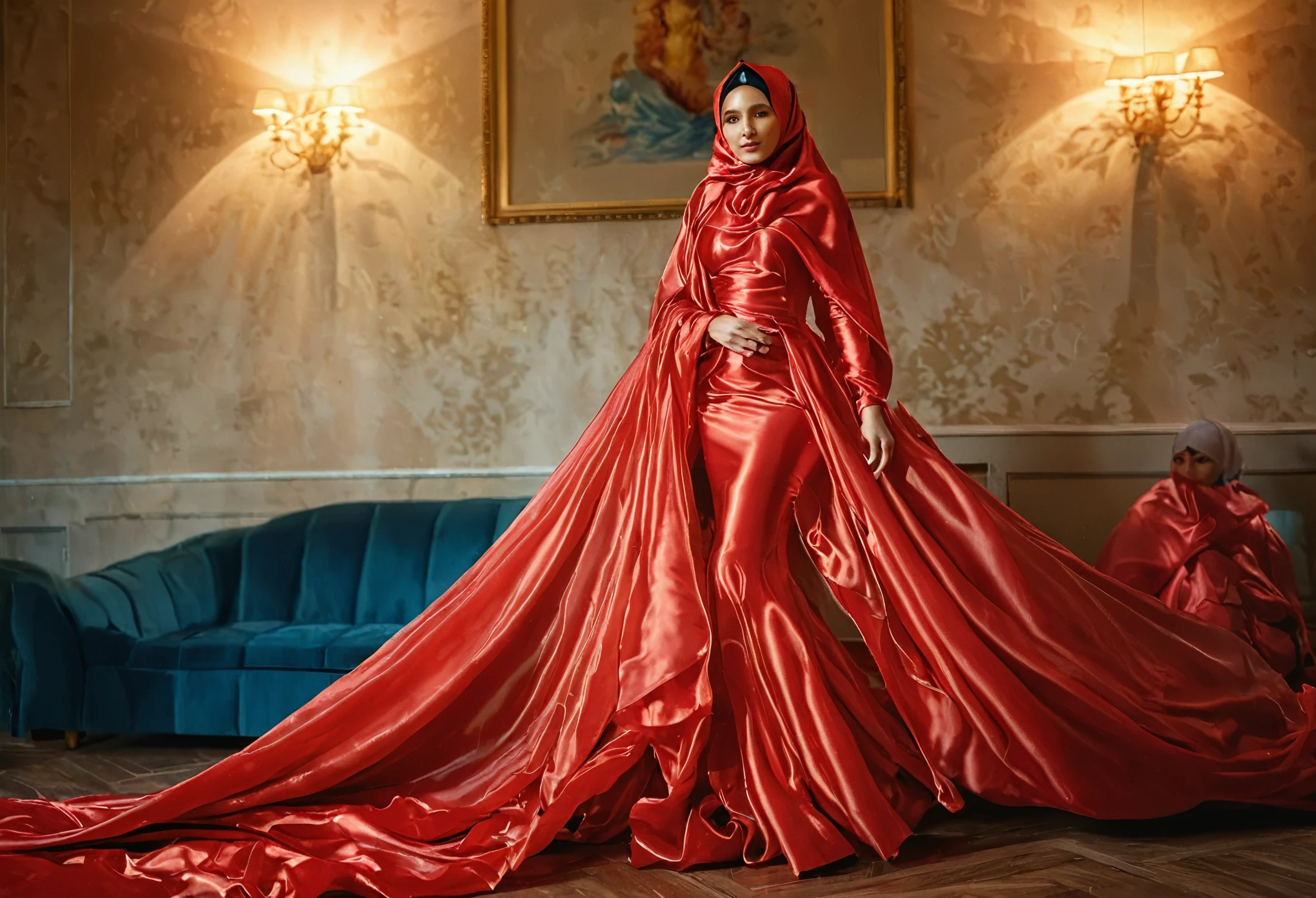 woman shrouded in a 10-meter-long, plush semi transparent red satin shimmer cloth, tightly bound and grandly draping along the form of her body, flowing off into a pooled floor-length train, styled in a mermaid-inspired outfit, her head modestly veiled in a satin hijab,walk in hotel loby, a full-body pose conveying a sense of mysterious elegance, captured in a 4k resolution, ultra-realistic, (best quality,4k,8k,highres,masterpiece:1.2),ultra-detailed,(realistic,photorealistic,photo-realistic:1.37),HDR,UHD,studio lighting,ultra-fine painting,sharp focus,physically-based rendering,extreme detail description,professional,vivid colors,bokeh,portraits,fantasy,cinematic lighting
