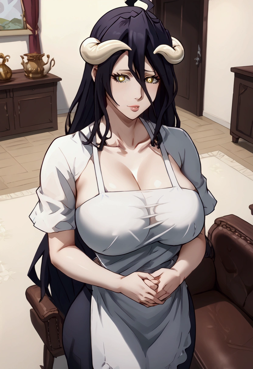 nsfw Scoring_9, Scoring_8_above, Scoring_7_above, source_anime, 1 , Alone, big breasts, , redhead golden eyes dark pupils, Overlord , maduro, Mature female, short kitchen apron , n sfw, assessment: Em geral, inside the house, nursing home, sofa, standing hands on breasts frowning,  transparent is hypnotized by you waiting for your command, Long hair,  Black hair , chifres de succubus,  Albedo, Overlord 


